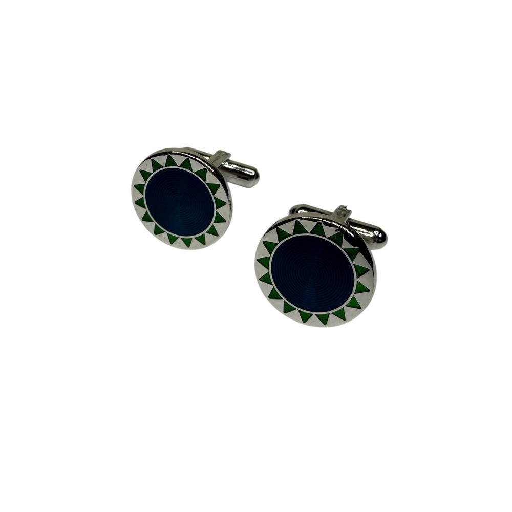 WEH Walter E Hayward Silver Cufflinks Dark Blue Green Enamel Geometric Design